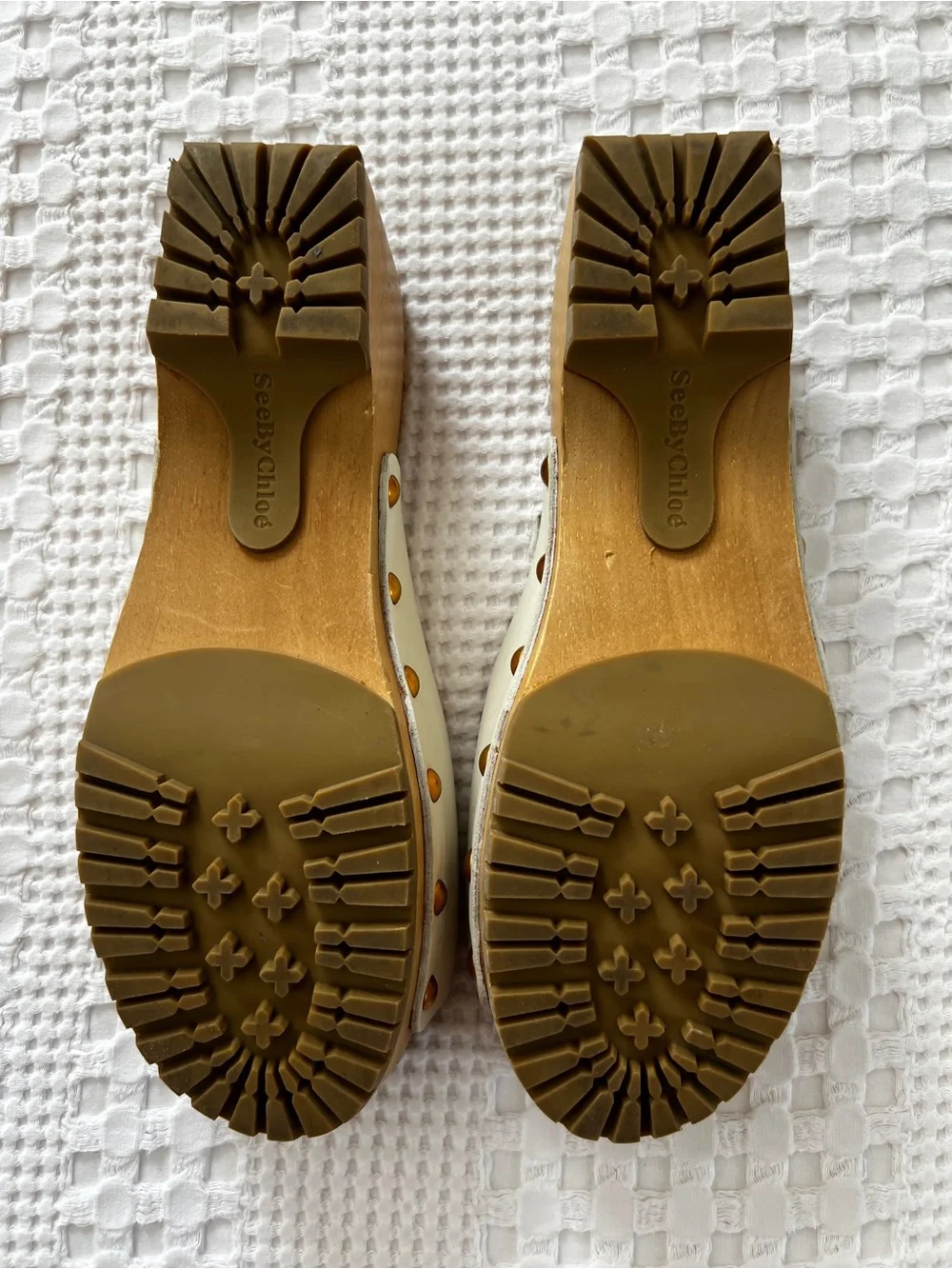 See By Chloe White Leather Slide Sandals with Gold Buckles